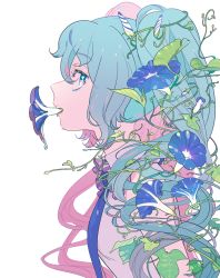 Rule 34 | 1girl, blouse, blue eyes, blue hair, blue necktie, female focus, flower, flower request, from side, hair flower, hair ornament, hatsune miku, lipstick, long hair, looking at viewer, makeup, maruco, matching hair/eyes, morning glory, morning glory (vocaloid), mouth hold, necktie, shirt, simple background, sleeveless, sleeveless shirt, solo, twintails, vocaloid, white background, white shirt
