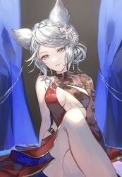 Rule 34 | 1girl, animal ears, armpit crease, blurry, blurry foreground, braid, breasts, breasts apart, center opening, closed mouth, clothing cutout, crossed legs, curtains, dress, feet out of frame, fraux, granblue fantasy, grey hair, hair ornament, highres, looking at viewer, shiromimin, short hair, single bare shoulder, single sleeve, sitting, small breasts, smile, solo, yellow eyes