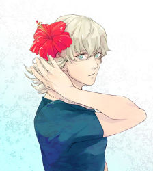 Rule 34 | 10s, 1boy, barnaby brooks jr., blonde hair, blue eyes, flower, glasses, hair ornament, hand in own hair, hibiscus, jewelry, male focus, necklace, shirt, solo, t-shirt, tiger &amp; bunny, tooyamada