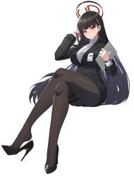 Rule 34 | 1girl, alternate costume, black footwear, black hair, black jacket, black pantyhose, black skirt, blue archive, blue eyes, commentary request, crossed legs, halo, high heels, holding, jacket, long hair, long sleeves, looking at viewer, name tag, office lady, pantyhose, parted lips, red eyes, rio (blue archive), simple background, skirt, solo, sweater, tablet pc, thigh strap, turtleneck, turtleneck sweater, very long hair, vococo, watch, white background, wristwatch