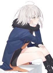 Rule 34 | 1girl, ahoge, arm support, black dress, black footwear, blue jacket, blush, boots, box, brown eyes, closed mouth, commentary request, dress, fate/grand order, fate (series), fur-trimmed jacket, fur-trimmed sleeves, fur trim, gift, gift box, hair between eyes, hand on own knee, hayashi kewi, jacket, jeanne d&#039;arc (fate), jeanne d&#039;arc alter (fate), jeanne d&#039;arc alter (ver. shinjuku 1999) (fate), knee boots, long sleeves, looking away, official alternate costume, open clothes, open jacket, silver hair, solo, white background, wicked dragon witch ver. shinjuku 1999