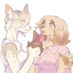 Rule 34 | 1boy, 1girl, animal ear fluff, animal ears, animal hands, blonde hair, brown fur, brown hair, claws, collared shirt, commentary, eating, food, furry, furry female, goat ears, goat girl, hands up, highres, holding, holding food, holding ice cream, holding ice cream cone, horizontal pupils, ice cream, ice cream cone, licking, looking at another, looking at viewer, original, pink shirt, purple eyes, rata (norahasu), shirt, short hair, simple background, sleeveless, sleeveless shirt, smile, symbol-only commentary, tongue, tongue out, triple scoop, upper body, white background, white shirt