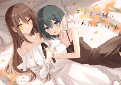 Rule 34 | 2girls, :d, bare arms, bare shoulders, black hair, blue eyes, blurry, blurry background, blush, brown dress, brown hair, closed mouth, commentary request, cover, cover page, depth of field, dress, frilled pillow, frills, hair between eyes, holding hands, interlocked fingers, kinona, long hair, looking at viewer, multiple girls, off-shoulder dress, off shoulder, open mouth, original, pillow, sleeveless, sleeveless dress, smile, translation request, very long hair, white dress, yellow eyes, yuri