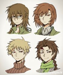 Rule 34 | 4boys, absurdres, atou haruki, black eyes, black vest, blonde hair, braid, bright pupils, brown eyes, brown hair, brown sweater, chinese commentary, closed mouth, collared shirt, commentary request, frown, glasses, green jacket, green scarf, green shirt, harada kazaru, harada minoru, harada mutei, highres, jacket, male focus, multiple boys, open clothes, open jacket, red eyes, ribbed sweater, saibou shinkyoku, scar, scar on face, scar on forehead, scarf, shirt, short hair, side braid, simple background, smile, sweater, turtleneck, turtleneck sweater, vest, white background, white pupils, white shirt, white sweater, zhainuxiuer