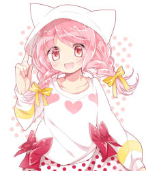 Rule 34 | 1girl, :d, alternate costume, alternate hairstyle, animal ear headwear, animal ears, arm at side, ayumaru (art of life), blush, bow, braid, casual, circle, clothing request, collarbone, drill hair, fake animal ears, gesture request, hair bow, hand up, hat, headwear request, heart, kaname madoka, looking at viewer, mahou shoujo madoka magica, mahou shoujo madoka magica (anime), open mouth, pink hair, polka dot, polka dot background, polka dot skirt, red bow, red eyes, simple background, skirt, smile, solo, twin braids, upper body, white hat, yellow bow