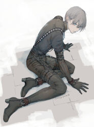 Rule 34 | 1boy, arm support, belt, bishounen, blue eyes, boots, dated, earrings, elbow gloves, expressionless, from side, full body, gloves, grey hair, hair between eyes, highres, isaaki, jewelry, leather, looking at viewer, male focus, monochrome, o-ring strap, original, short hair, simple background, solo, stud earrings, suspenders, thigh boots, thigh strap, twitter username, white background