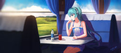 Rule 34 | 1girl, bare shoulders, dated, dress, hatsune miku, headphones, highres, long hair, looking outside, signature, solo, sombernight, sundress, vocaloid, window