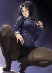 Rule 34 | 1girl, absurdres, black hair, blue eyes, blue jacket, blush, breasts, brown pantyhose, commission, high heels, highres, jacket, killing bites, large breasts, long hair, long sleeves, looking at viewer, open mouth, packge, panties, panties under pantyhose, pantyhose, parted bangs, pencil skirt, pixiv commission, ponytail, shinozaki mai, skirt, smile, solo, spread legs, squatting, thighband pantyhose, underwear