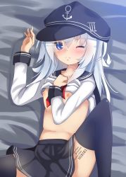 Rule 34 | 10s, 1girl, ;(, anchor symbol, bad id, bad nicoseiga id, black hat, black skirt, black thighhighs, blue eyes, breasts, character name, closed mouth, clothes lift, flat cap, from above, hair between eyes, hand on own chest, hat, hibiki (kancolle), hinatsuki mashiro, kantai collection, leg up, long hair, long sleeves, looking at viewer, lying, midriff, navel, neckerchief, nipples, no bra, on back, pleated skirt, red ribbon, ribbon, roman numeral, sailor collar, shirt, shirt lift, skirt, skirt drape, sleeve cuffs, small breasts, solo, spread legs, stomach, tattoo, thighhighs, very long hair, white hair, white shirt, wince, zettai ryouiki