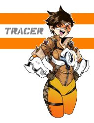 Rule 34 | 1girl, :d, black gloves, bomber jacket, breasts, brown eyes, brown hair, character name, chest harness, collarbone, cropped legs, eron, gloves, goggles, hands on own hips, harness, head tilt, highres, jacket, looking at viewer, medium breasts, open mouth, orange-tinted eyewear, overwatch, overwatch 1, short hair, smile, solo, tinted eyewear, tracer (overwatch), union jack, visor, white background