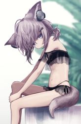 Rule 34 | 1girl, absurdres, ahoge, animal ears, arknights, bikini, black bikini, blue eyes, commentary, feet out of frame, fox ears, fox girl, fox tail, hair ornament, hairclip, headphones, highres, huge filesize, leaf, lit ter, looking at viewer, navel, off-shoulder bikini, off shoulder, official alternate costume, see-through, short twintails, sitting, smile, solo, stomach, sussurro (arknights), sussurro (summer flower) (arknights), swimsuit, tail, twintails