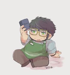 Rule 34 | 1boy, apron, arm hair, bara, beard, blue hair, blush, book, chibi, collared shirt, facial hair, fat, fat man, full body, glasses, green apron, green eyes, hairy, highres, holding, holding book, igarashi (igarashi ta), jitome, knuckle hair, large pectorals, live a hero, male focus, manspreading, muscular, muscular male, mustache stubble, pectorals, santetsu (live a hero), seductive smile, shirt, short hair, sitting, smile, solo, stubble, thick eyebrows, waiter, wet, wet clothes, wet shirt