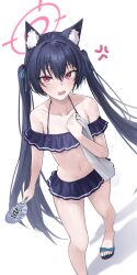 Rule 34 | 1girl, anger vein, animal ear fluff, animal ears, bag (chrko bag), bikini, bikini skirt, black bikini, black hair, blue archive, blue ribbon, cat ears, fang, foot out of frame, hair between eyes, hair ribbon, halo, highres, long hair, looking at viewer, navel, open mouth, red eyes, red halo, ribbon, sandals, serika (blue archive), serika (swimsuit) (blue archive), simple background, solo, standing, swimsuit, twintails, very long hair, white background
