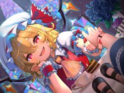 Rule 34 | 1girl, :d, ascot, black footwear, blonde hair, blue flower, blue rose, blurry, blush, bouquet, cake, cake slice, chikuwa0u0, crystal, cup, depth of field, doll, dutch angle, fangs, fisheye, flandre scarlet, flower, food, frilled shirt collar, frills, from below, hair between eyes, hand on own cheek, hand on own face, hat, head rest, head tilt, highres, indoors, light particles, looking at viewer, mary janes, medium hair, mob cap, one side up, open mouth, pointy ears, pov, pov hands, red eyes, red vest, rose, shoes, smile, solo, spoon, stained glass, steam, table, tea, teacup, teeth, touhou, upper body, upper teeth only, vase, vest, white hat, window, wings, wrist cuffs, yellow ascot, ||/