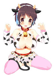 Rule 34 | 10s, 1girl, animal ears, animal print, bare shoulders, bell, blush, breasts, brown eyes, brown hair, censored, cleavage, collar, convenient censoring, cow ears, cow horns, cow print, cow tail, cowbell, full body, headset, horns, idolmaster, idolmaster cinderella girls, large breasts, meito (maze), navel, neck bell, no panties, oikawa shizuku, open mouth, pink thighhighs, simple background, sitting, skirt, smile, solo, tail, tail censor, thighhighs, wariza, white background