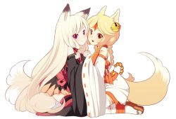 Rule 34 | 2girls, animal ears, bare shoulders, blonde hair, braid, couple, cuddling, facial mark, female focus, fox ears, fox tail, full body, holding hands, interlocked fingers, japanese clothes, kimono, kneeling, long hair, looking at viewer, multiple girls, orange eyes, original, poffinbox, red eyes, sandals, smile, tail, traditional clothes, twin braids, white hair