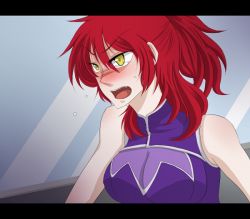 Rule 34 | 00s, angry, blush, breasts, cleavage, freckles, gundam, gundam 00, large breasts, letterboxed, nena trinity, nnnl, red hair, solo, yellow eyes