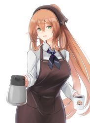 Rule 34 | 10eki (tenchou), 1girl, alternate costume, alternate hairstyle, apron, blush, breasts, brown apron, brown hair, coffee mug, coffee pot, cup, girls&#039; frontline, green eyes, hair between eyes, hair ribbon, hair rings, highres, holding, holding cup, holding pot, large breasts, long hair, long sleeves, looking at viewer, mug, open mouth, pants, ponytail, pot, ribbon, shirt, sidelocks, simple background, smile, solo, springfield (girls&#039; frontline), white background, white shirt