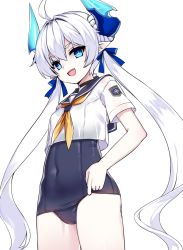 Rule 34 | 1girl, bad id, bad twitter id, badge, black choker, blue one-piece swimsuit, blue sailor collar, character request, choker, copyright request, cowboy shot, elsword, fang, female focus, highres, horns, long hair, looking at viewer, luciela r. sourcream, neckerchief, noblesse (elsword), old school swimsuit, one-piece swimsuit, open mouth, pointy ears, sailor collar, sailor shirt, school swimsuit, shirt, short eyebrows, smile, solo, standing, swimsuit, swimsuit under clothes, tama (tamatamo), twintails, white background, white hair, yellow neckerchief