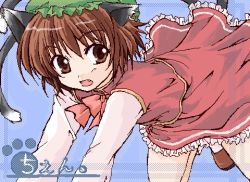 Rule 34 | 1girl, animal ears, brown eyes, brown hair, cat ears, cat girl, cat tail, character name, chen, earrings, fang, female focus, hat, jewelry, lowres, multiple tails, oekaki, paw print, short hair, solo, tail, touhou
