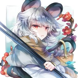 Rule 34 | 1girl, animal, animal ears, black eyes, black vest, blue background, branch, brown neckwear, brown scarf, cape, closed mouth, crystal, floral background, flower, gradient background, grey cape, grey hair, hair between eyes, hand up, kutsuki kai, long sleeves, looking at viewer, looking up, mouse (animal), mouse ears, nazrin, red eyes, red flower, scarf, shirt, short hair, solo, teeth, touhou, upper body, vest, white background, white shirt, white sleeves
