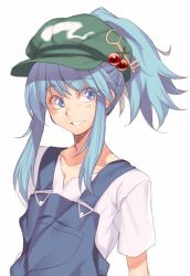 Rule 34 | 1girl, alternate hairstyle, blue eyes, blue hair, green hat, hair bobbles, hair ornament, hat, kaiza (rider000), kawashiro nitori, key, looking at viewer, overalls, ponytail, shirt, short sleeves, sidelocks, simple background, smile, solo, touhou, upper body, white background, white shirt
