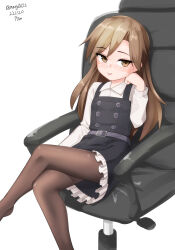 Rule 34 | 1girl, absurdres, arashio (kancolle), arashio kai ni (kancolle), black pantyhose, brown eyes, brown hair, chair, crossed legs, dated, dress, feet out of frame, frilled dress, frills, highres, kantai collection, long hair, long sleeves, maru (marg0613), one-hour drawing challenge, pantyhose, pinafore dress, shirt, sitting, sleeveless dress, solo, tongue, tongue out, twitter username, white shirt