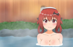 Rule 34 | 1girl, absurdres, bad id, bad pixiv id, bat hair ornament, blush, breasts, cleavage, closed mouth, embarrassed, fence, floating breasts, gabriel dropout, hair between eyes, hair ornament, hair rings, highres, large breasts, looking at viewer, medium hair, nude, onsen, partially submerged, plant, poa mellhen, purple eyes, red hair, rock, satanichia kurumizawa mcdowell, solo, steam, upper body, water, wide-eyed