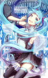 Rule 34 | 1girl, 39, :d, aqua eyes, aqua hair, aqua nails, bare shoulders, binary, black skirt, black thighhighs, blush, boots, dated, detached sleeves, english text, female focus, fingernails, floating hair, grey shirt, happy, hatsune miku, head tilt, headphones, holding, kneeling, legs, long hair, long image, long sleeves, looking at viewer, miniskirt, nail polish, necktie, open mouth, outstretched arm, pleated skirt, science, shirt, skirt, sleeveless, sleeveless shirt, sleeves past wrists, smile, solo, tall image, tattoo, teeth, text focus, thank you, thigh boots, thighhighs, twintails, very long hair, vhumiku, vocaloid, wide sleeves, zettai ryouiki