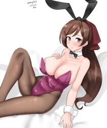 Rule 34 | 1girl, absurdres, animal ears, blush, bow, bowtie, breasts, brown hair, brown pantyhose, collarbone, covered navel, dated, detached collar, fake animal ears, hair ornament, hair ribbon, hairclip, highleg, highleg leotard, highres, kantai collection, large breasts, leotard, long hair, looking at viewer, lying, mamiya (kancolle), maru (marg0613), pantyhose, playboy bunny, purple leotard, rabbit ears, ribbon, signature, solo, strapless, strapless leotard, traditional bowtie, white background, wrist cuffs