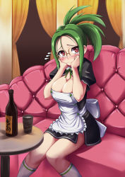 Rule 34 | 1girl, apron, blush, bottle, breasts, cleavage, coupe50, dream c club, dream c club (series), covered erect nipples, glasses, green hair, large breasts, mio (dream c club), ponytail, red eyes, sitting, solo, table, tears, waitress, white legwear
