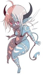 Rule 34 | 1girl, @ @, ahoge, bare arms, bare legs, bare shoulders, barefoot, bikini, black bikini, blue skin, body markings, breasts, cleavage, closed mouth, collarbone, colored skin, demon girl, demon tail, facial mark, fang, forehead mark, full body, groin, highleg, highleg bikini, highres, horns, inarou (rakugakiproject), knees, legs, looking at viewer, medium hair, navel, open hands, original, parted bangs, pink eyes, pointy ears, short hair, sideboob, simple background, small breasts, solo, swimsuit, tail, thighs, white background, white hair, wide hips