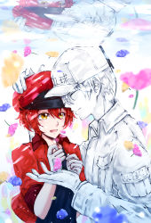 Rule 34 | :d, ae-3803, black shirt, breast pocket, bubble, cabbie hat, closed eyes, commentary, couple, cropped jacket, floating, flower, gloves, hair between eyes, hair over one eye, hand on another&#039;s head, hands on own chest, happy, hat, hataraku saibou, highres, hug, jacket, light blush, light smile, looking at another, open clothes, open jacket, open mouth, outstretched hand, pink flower, pocket, purple flower, red blood cell (hataraku saibou), red hair, red headwear, red jacket, reflection, shirt, short hair, side-by-side, smile, submerged, translated, u-1146, underwater, upper body, white blood cell (hataraku saibou), white gloves, white headwear, white shirt, xxmarchxx, yellow eyes, yellow flower