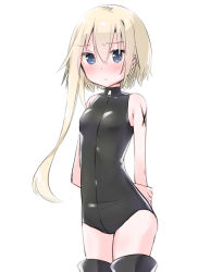 Rule 34 | 1girl, arm behind back, bare arms, bare shoulders, black footwear, black leotard, black thighhighs, blonde hair, blue eyes, blush, boots, closed mouth, hair between eyes, leotard, long hair, looking at viewer, nose blush, original, simple background, solo, thigh boots, thighhighs, tia-chan, uchuuneko, very long hair, white background, zipper pull tab