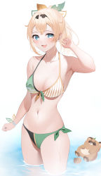 Rule 34 | 1girl, :d, absurdres, arm up, bikini, blonde hair, blush, breasts, cleavage, collarbone, crossed bangs, front-tie bikini top, front-tie top, green eyes, highres, hololive, holox, kazama iroha, long hair, looking at viewer, medium breasts, multicolored bikini, multicolored clothes, navel, open mouth, partially submerged, pokobee, ponytail, ryuya, smile, swimsuit, virtual youtuber, water, white background, wristband
