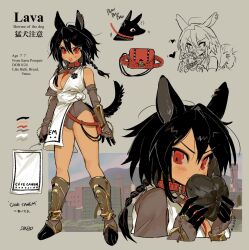 Rule 34 | 1girl, animal, animal collar, animal ears, armor, black hair, braid, breasts, brown gloves, brown leotard, brown sclera, character doll, character sheet, chest harness, city, cleavage, cleavage cutout, clothing cutout, collar, color guide, colored inner hair, colored sclera, commentary, dog, dog ears, dog girl, dog tail, ear piercing, elbow gloves, english commentary, english text, fangs, fingerless gloves, full body, gloves, greaves, green background, grey hair, hair between eyes, hands up, harness, heart, highres, holding, large breasts, leotard, looking at viewer, multicolored hair, multiple views, open mouth, original, paw shoes, piercing, red bag, red collar, red eyes, sabaton, short hair with long locks, simple background, single sleeve, soreeyu (sore-yu), standing, tail, tail wagging, twin braids