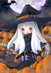 Rule 34 | 10s, 1girl, :d, abyssal ship, alternate costume, bat (animal), capelet, colored skin, fang, halloween, hat, highres, horns, jack-o&#039;-lantern, kantai collection, kuronekozero, long hair, looking at viewer, northern ocean princess, open mouth, red eyes, smile, solo, white hair, white skin, witch hat