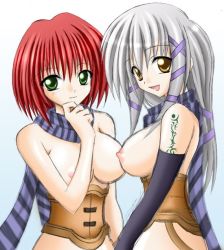 Rule 34 | 2girls, breasts, brown eyes, clair lasbard, elbow gloves, gloves, green eyes, large breasts, long hair, multiple girls, nel zelpher, nipples, red hair, scarf, short hair, silver hair, square enix, star ocean, star ocean till the end of time, tattoo, womi