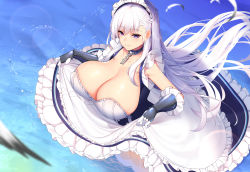Rule 34 | 1girl, azur lane, belfast (azur lane), blush, braid, breasts, chain, chixiao, cleavage, clothes lift, collar, collarbone, commentary request, crown braid, dress, dress lift, feathers, frills, gloves, highres, huge breasts, long hair, maid, maid headdress, partially submerged, purple eyes, smile, solo, wading, water, white hair