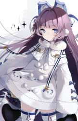 Rule 34 | 1girl, azur lane, blue eyes, blunt bangs, boots, bow, capelet, closed mouth, coat, commentary request, cowboy shot, expressionless, fur-trimmed capelet, fur coat, fur trim, hair bow, highres, kyuumura, long hair, looking at viewer, purple hair, sidelocks, sleeves past fingers, sleeves past wrists, solo, tashkent (azur lane), thigh boots, thighhighs, very long hair, very long sleeves, white bow, white coat, white footwear