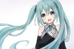 Rule 34 | 1girl, :d, aqua eyes, aqua hair, aqua nails, aqua necktie, bare shoulders, black sleeves, collared shirt, commentary request, detached sleeves, grey shirt, hair between eyes, hair ornament, hand on own chest, hatsune miku, long hair, long sleeves, looking at viewer, nail polish, necktie, nuno (pppompon), open mouth, shirt, simple background, smile, solo, twintails, upper body, very long hair, vocaloid, white background