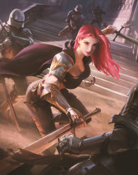 Rule 34 | 1girl, 5others, absurdres, armor, battle, breasts, brown pants, cape, dual wielding, gauntlets, highres, holding, holding weapon, jewelry, knight, large breasts, leather, leather pants, leesuyeon, long hair, looking at viewer, medieval, multiple others, necklace, nose, orange eyes, original, outdoors, pants, parted lips, pauldrons, pendant, red hair, shoulder armor, stairs, sword, vambraces, weapon