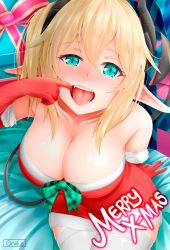 Rule 34 | 1girl, aqua eyes, blonde hair, blush, breasts, cleavage, demon girl, elbow gloves, finger in own mouth, gloves, highres, horns, large breasts, looking at viewer, merry christmas, oniilus, open mouth, original, pointy ears, sitting, solo, tail, thighhighs, tongue, tongue out
