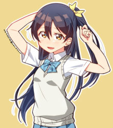 Rule 34 | 10s, 1girl, artist name, blue hair, bow, bowtie, brown eyes, collared shirt, hair between eyes, hair ribbon, long hair, looking at viewer, love live!, love live! school idol project, one side up, otonokizaka school uniform, outline, ribbon, school uniform, shirt, short sleeves, simple background, skull573, solo, sonoda umi, standing, striped bow, striped bowtie, striped clothes, striped neckwear, sweater vest, white outline, yellow background