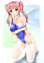 Rule 34 | 1girl, breasts, cameltoe, cleavage, competition swimsuit, large breasts, mashinatsu, one-piece swimsuit, original, pink eyes, pink hair, reiji-sss, solo, strap slip, swimsuit, thighhighs, twintails