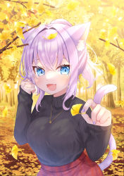 Rule 34 | 1girl, :3, absurdres, alternate eye color, alternate hairstyle, animal ear fluff, animal ears, autumn, autumn leaves, black sweater, blue eyes, breasts, casual, cat ears, cat tail, crossed bangs, eyebrows hidden by hair, fang, forest, ginkgo tree, ginkgo leaf, gold, hair between eyes, hair intakes, hamura hm, highres, hololive, jewelry, large breasts, leaf, light blush, long sleeves, looking at viewer, medium hair, nail polish, nature, necklace, nekomata okayu, open mouth, outdoors, paw ornament, plaid, plaid skirt, purple hair, purple nails, ribbed sweater, short ponytail, sidelocks, skirt, sleeves past wrists, smile, solo, sweater, sweater tucked in, tail, tsurime, turtleneck, turtleneck sweater, upper body, virtual youtuber, x x
