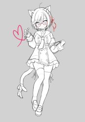 Rule 34 | 1girl, ahoge, animal ear fluff, animal ears, breasts, cat ears, cat girl, cat tail, commentary request, drawing tablet, dress, full body, grey background, hair ribbon, heart, holding, holding stylus, loafers, long sleeves, mauve, medium breasts, monochrome, original, ribbon, sailor dress, shoes, simple background, sketch, sleeves past wrists, solo, standing, standing on one leg, stylus, tail, thighhighs, unfinished, white background