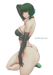 Rule 34 | 1girl, absurdres, ass, breasts, choker, elbow gloves, fubuki (one-punch man), gloves, green eyes, green gloves, green hair, highres, large breasts, lingerie, looking at viewer, looking back, melowh, one-punch man, short hair, simple background, thighs, thong, underwear