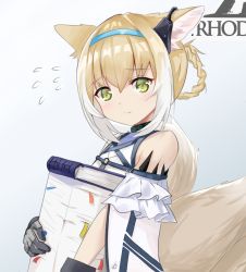 Rule 34 | 1girl, animal ears, arknights, bare shoulders, black gloves, blonde hair, blue hairband, blush, book, braid, braided hair rings, carrying, closed mouth, commentary request, flying sweatdrops, fox ears, fox girl, fox tail, gloves, gradient background, green eyes, grey background, gusori 01, hair between eyes, hair rings, hairband, multicolored hair, paper stack, shirt, smile, solo, suzuran (arknights), tail, two-tone hair, white background, white hair, white shirt