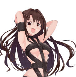 Rule 34 | armband, armpits, arms behind head, blush, bound, breasts, brown eyes, brown hair, choker, cosplay, cowboy shot, highres, hot limit, idolmaster, idolmaster cinderella girls, long hair, medium breasts, open mouth, rauto, revealing clothes, shimamura uzuki, shiny clothes, solo, t.m.revolution, upper body, white background